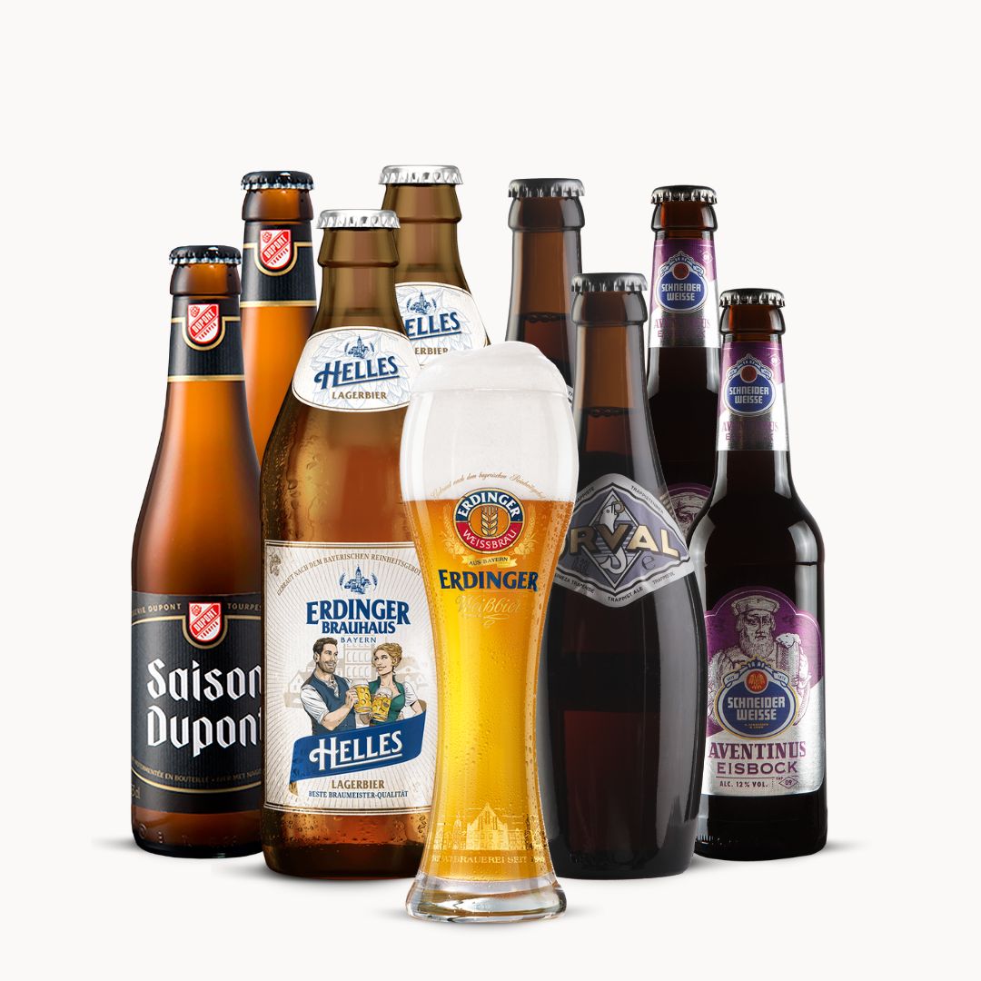 As oito cervejas belgas e alemãs do Pack Beer Lover, com o copo de prova